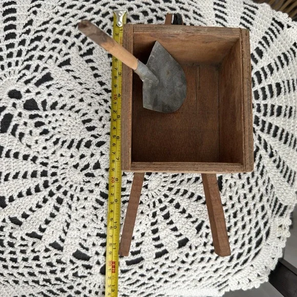 Vintage Rustic Wood Wheelbarrow Planter w/ Pyrography Hearts with Shovel Decor - Picture 5 of 6